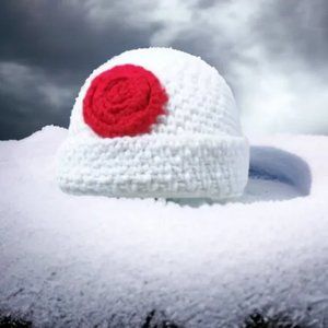 Hand Crochet Beanie Hat with Flower White Red Floral Winter Hat